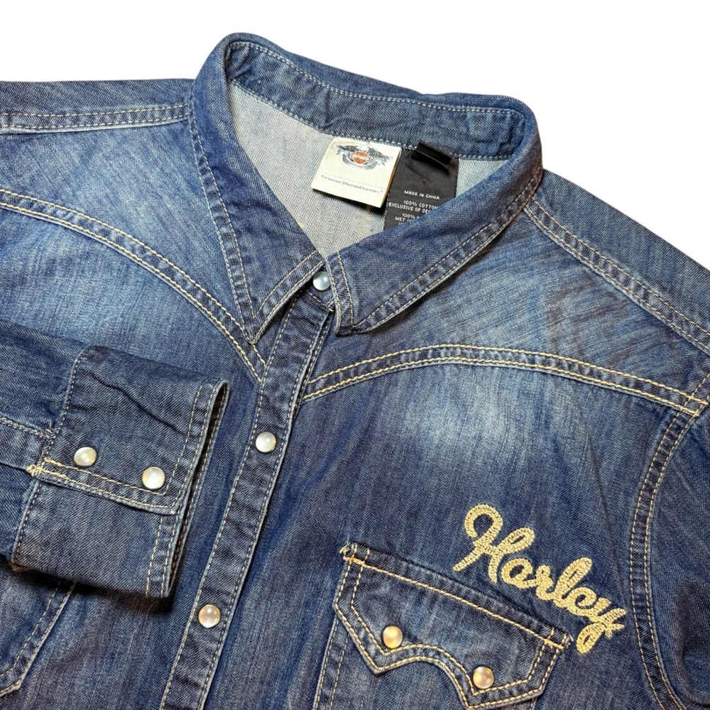 Harley-Davidson Womens 2XL Denim Western Snap Shirt Embroidered Logo Blue L/S